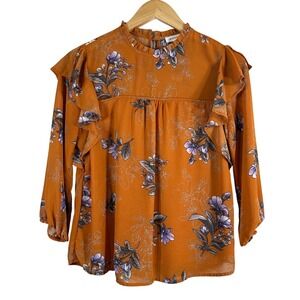 Monteau Los Angeles Womens Small Orange Floral Ruffle Mock Neck‎ Blouse Top